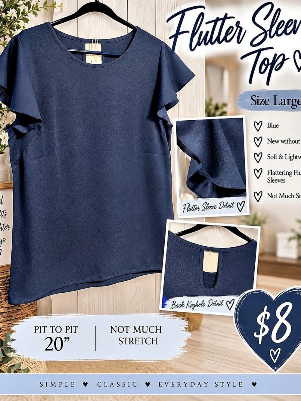 Flutter Sleeve Top Blue Size Large NWT